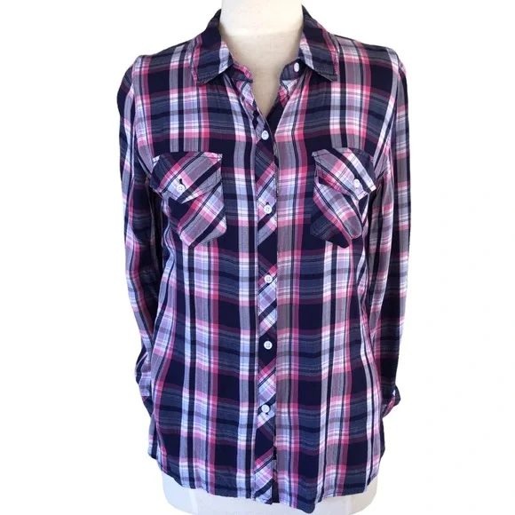 Nwt Rails Womens M Plaid Button Down Shirt Pink Navy Check Soft Girl Western Top